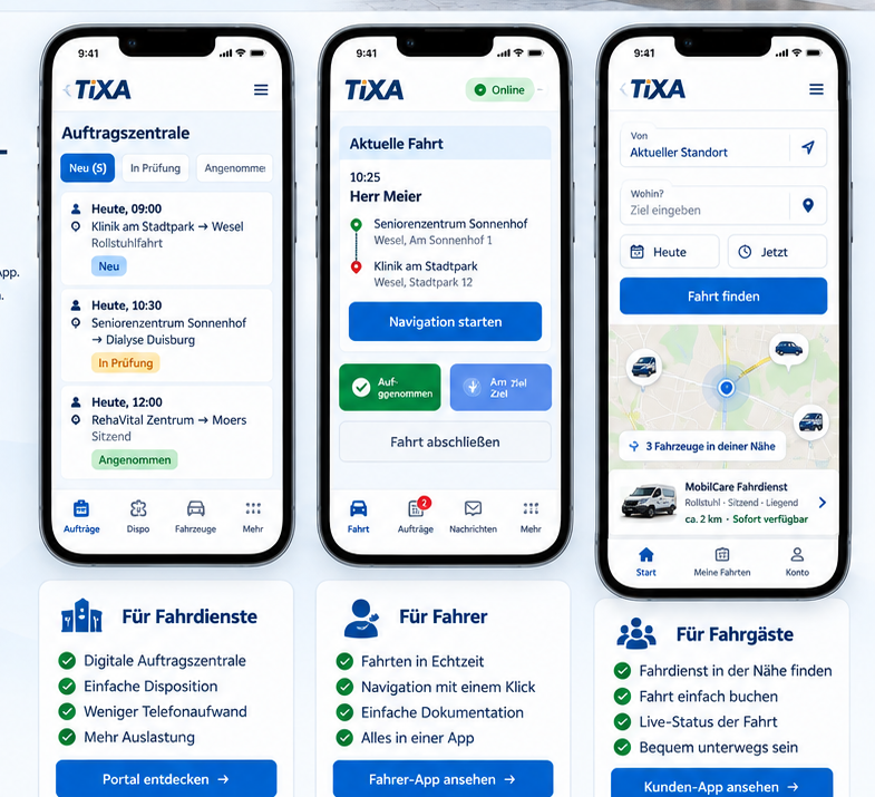 TiXA auf drei Smartphones: mobile Disposition, Fahrer-App und Fahrgast-App mit Fahrzeugen in der Nähe