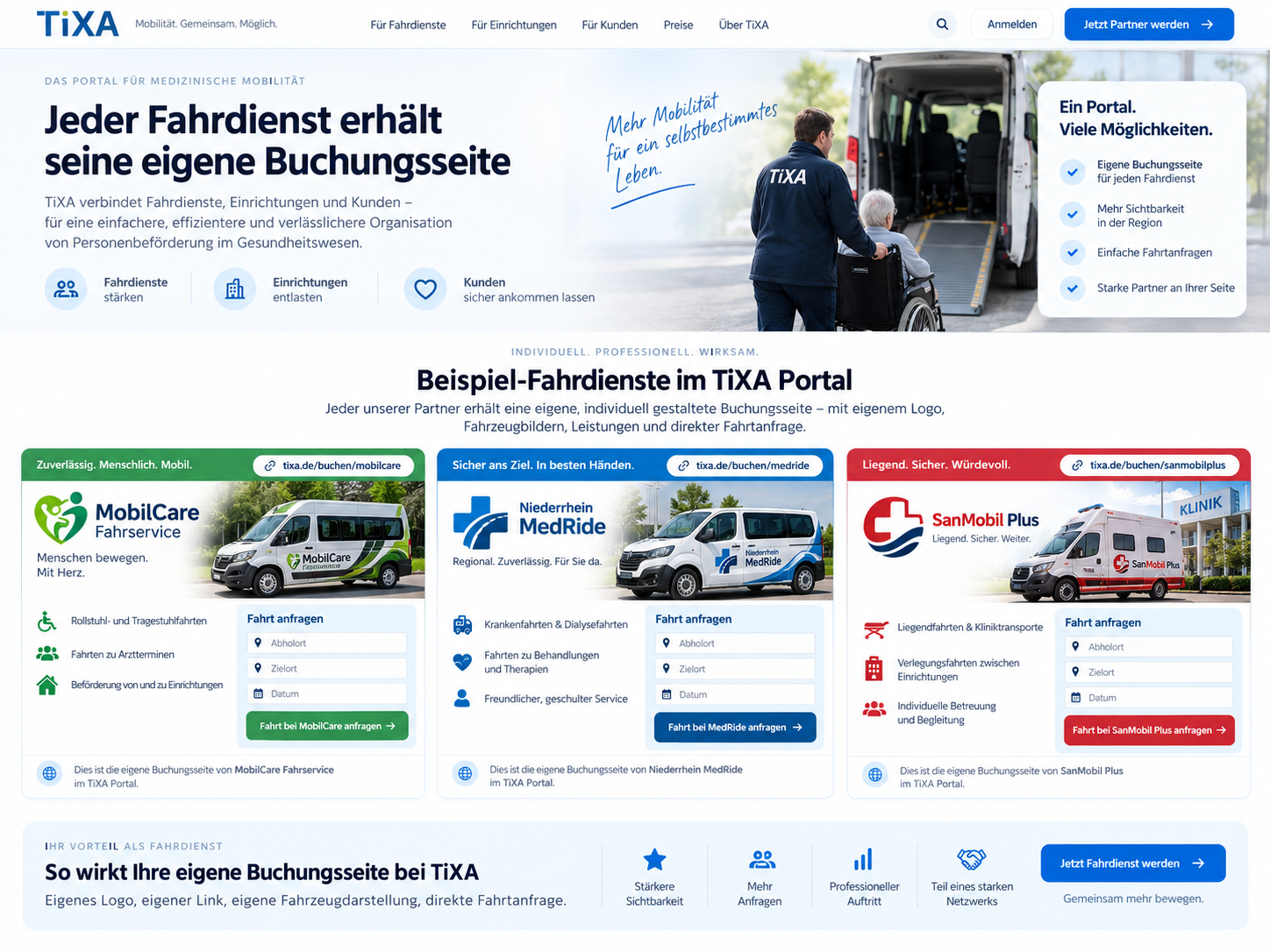 Beispielansicht dreier fiktiver Fahrdienst-Buchungsseiten im TiXA Portal