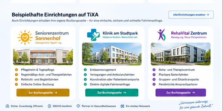 Drei fiktive TiXA-Einrichtungen: Seniorenzentrum Sonnenhof, Klinik am Stadtpark und RehaVital Zentrum